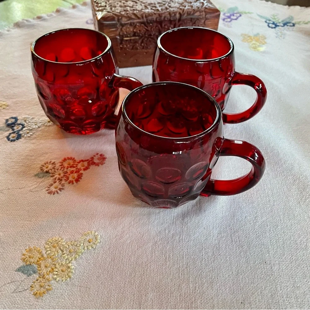 Vintage Ruby Red Mid-century Modern Glass Thumbprint Mugs. Set of 3. 8oz.